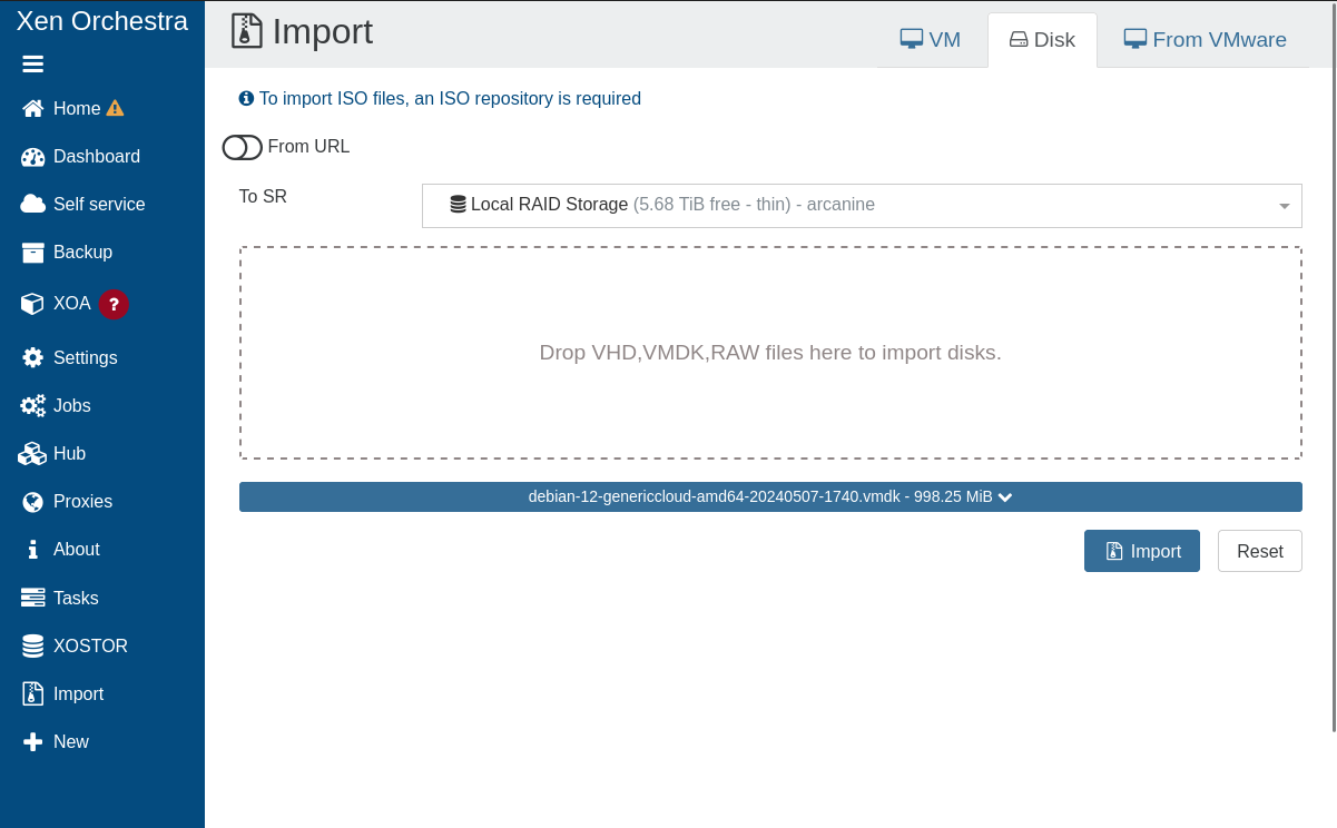 Importing a .vmdk disk in Xen Orchestra